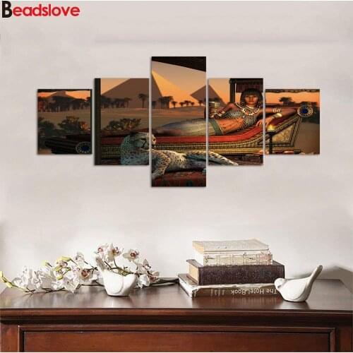 Ancient Africa woman and leopard Full diamond round 5D diamond painting 5 pieces diamond embroidery cross stitch portrait