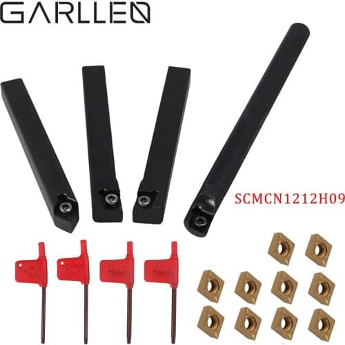 GARLLEN 4Pcs 12mm Shank Lathe Boring Bar Turning Tool Holder Milling Tool with T15 Wrench & 10pcs Carbide Insert Blade 09 Series