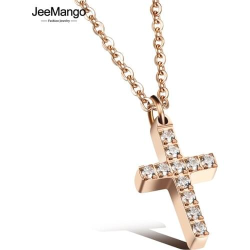JeeMango Retro Cross Unisex Charm Necklaces Classic 316L Stainless Steel CZ Cubic Zirconia Pendant Jewelry For Women JN17067