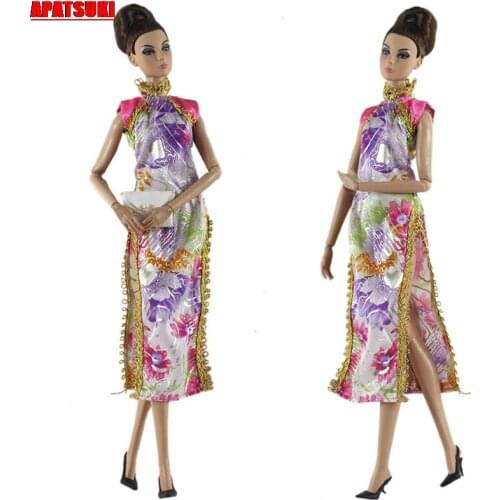 Chinese Qipao Cheongsam Floral Evening Party Gown Dress For Barbie Doll Outfits Clothes For Barbie Doll 1/6 Doll Accessories Kid