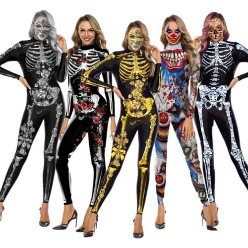 Halloween Cosplay Costumes Woman Skeleton 3D Printed Scary Jumpsuit Skull Floral Horror Bodycon Zentai Full Sleeve Stage Wear