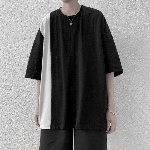 2021 Summer Patchwork Mens T-Shirt Plus Size Simple Hit Color Stitching Teen Cool Clothes Hip Hop Daily All-Match Casual Tops