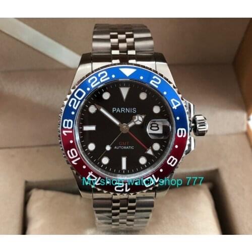 40mm PARNIS Sapphire Crystal GMT Automatic machinery movement luminous mens watches Blue & red bezel pa61-p8