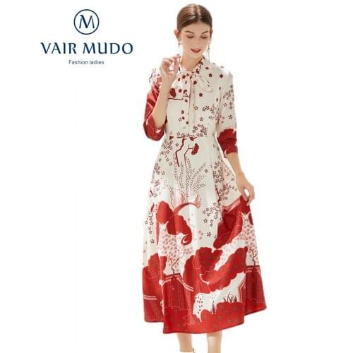 2021 New Style Women Dress Tie-Sleeve Three-Quarter Sleeves Waist Big Swing Print Princess Dress Y-201