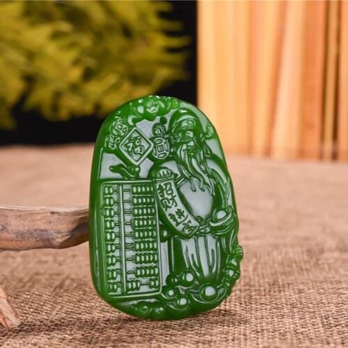 Natural Green Jade God of Wealth Pendant Necklace Chinese Hand-Carved Jadeite Fashion Charm Jewelry Amulet Men Women Lucky Gifts