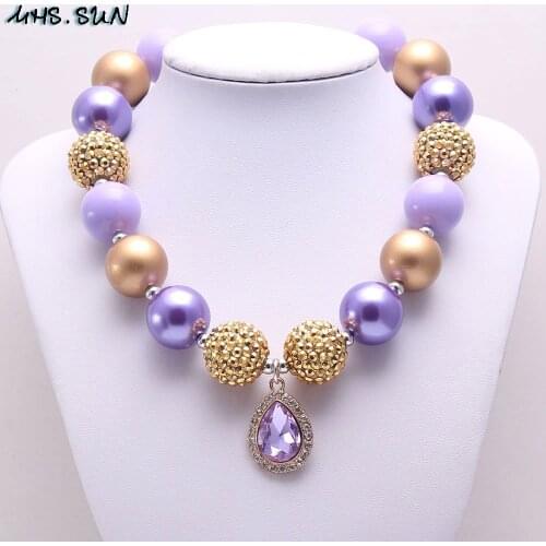 MHS.SUN baby girls chunky bubblegum beads necklace 1pc princess style pink crystal pendant necklace for kids party jewelry gift