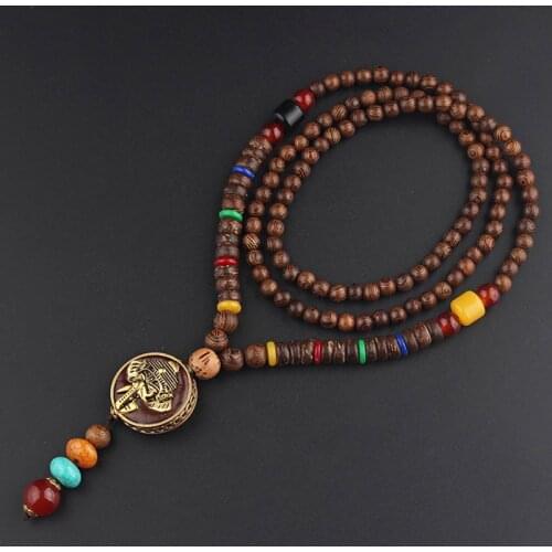 Antique Elephant Pendants Necklace Men Sweater Chain Beads Vintage Wooden Necklaces for Women Ethnic Jewelry Wholesale