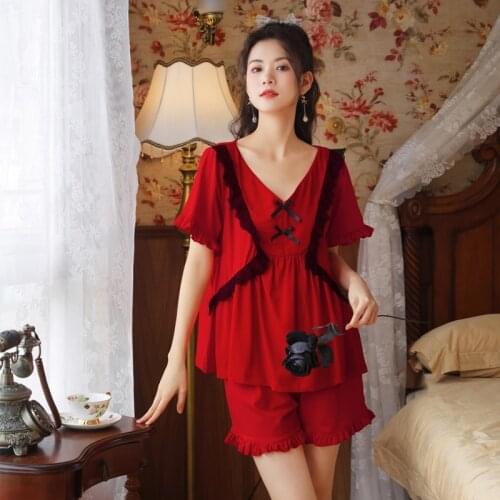 Summer Short Sleeve Pajamas Women Cotton Court Style Sleepwear Sweet Princess Loose Shorts Two Piece Home Suit Red Lounge Wear