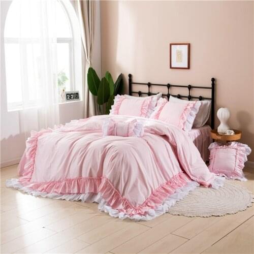 Luxury 100% Cotton Bedding Set Pink Princess Bedding For Queen Bed Linen Ruffle Lace Duvet Cover Skirt Bed Sheet Quilt Cover Set