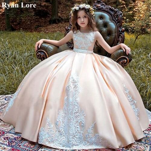 Pink Ball Gown Flower Girl Dresses 2020 Appliques Sleeveless Kids Princess Dress For Weddings First Communion Dress Pageant Gown
