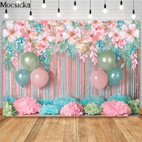 Pink Watercolor Flowers Photography Backdrops For Girl Birthday Cake Smash Photo Props Studio Booth Background Balloon Decor
