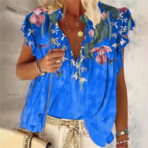 Womens Summer Sexy Short Sleeve Casual Blouses Flower Printed Vintage Top Female V-Neck Loose Plus Size Streetwear Top