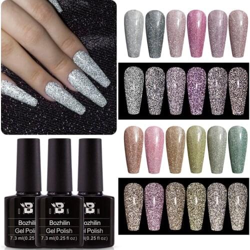 Bozlin 7.3ML Sparkle Diamond Gel Nail Polish 24 Colors UV Glitter Sequins Laser Nail Art Varnish Semi Permanent Top Base Coat