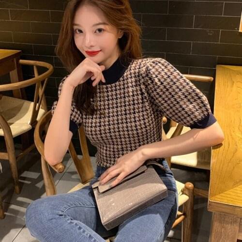 Korean Sweet Short Sleeve Women Knitted Pullovers Harajuku Hit Color Patchwork Plaid New Sweater Vintage Sueter Mujer Pull Femme