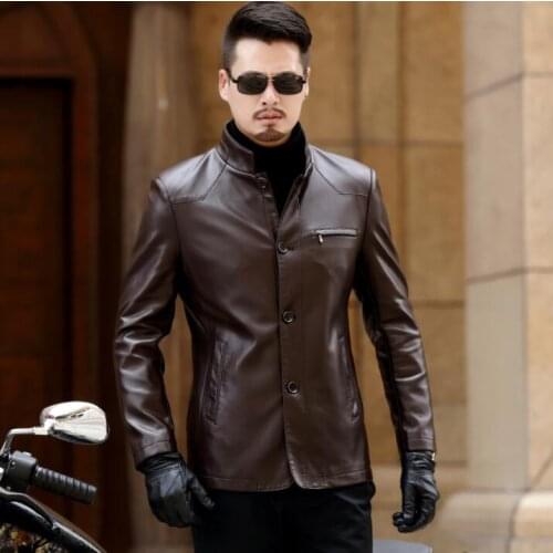 Thin mens leather coat slim stand collar autumn winter motorcycle jackets men fashion clothes jaqueta de couro brown big size