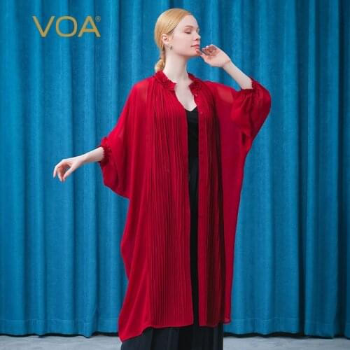 VOA Silk Georgette Wine Red Wood Ear Three-dimensional Decoration Bat Sleeve Micro-transparent Trench Coat for Women FE130