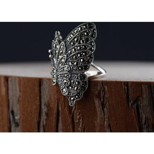 FNJ 925 Silver Animal Butterfly Ring Original S925 Sterling Silver Rings for Women Jewelry Open Adjustable Size MARCASITE
