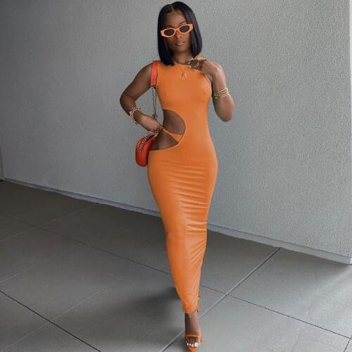 Side Waist Band Cut Out Summer Skinny Dress Women Sleeveless O-neck Bandage Bodycon Dress Sexy Body-shaping Party Maxi Vestido