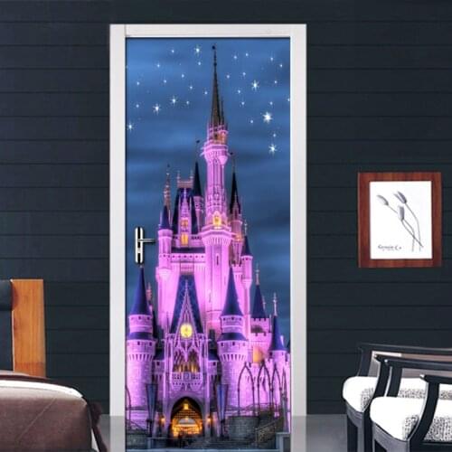 3D Door Sticker Purple Castle Mural Princess Girl Room Bedroom Children Room Door Decor Wallpaper Self-Adhesive Papel De Parede