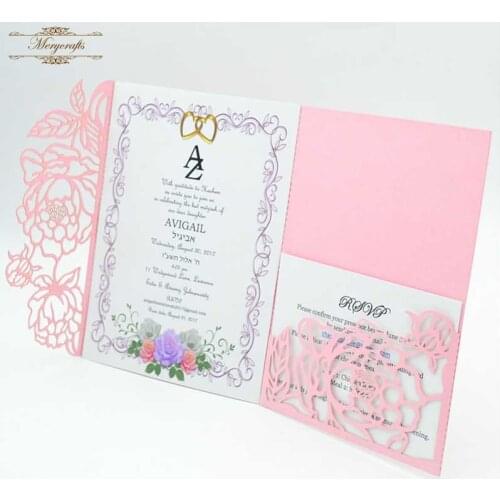 50 pcs/lot Tri-fold pink rose laser cut invitation card for wedding decoration