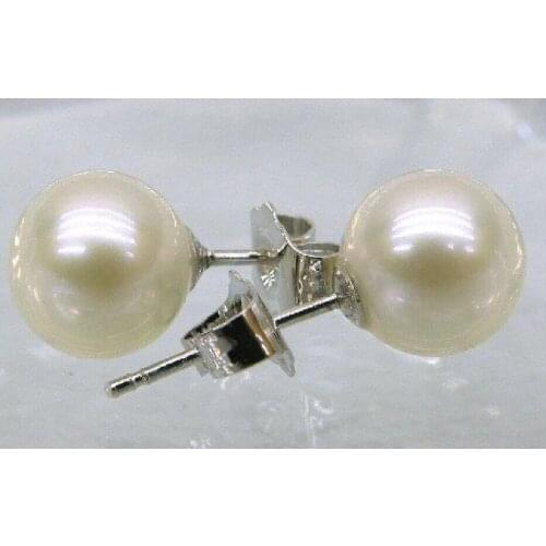Free shipping natural 8-7MM AAA south sea white pearl earrings 14k/20 white GOLD