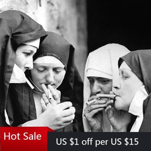 Smoking Nuns Prints Vintage Photo Black and White Poster Cigarette Funny Art Canvas Painting Wall Decor Pictures For Weird Room