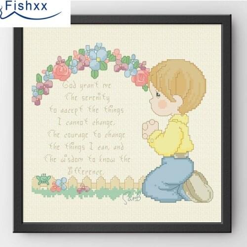Fishxx Cross Stitch 14CT Kit European Style ChildrenS Bedroom Paintings H102 Prayer Boy Pattern Floral Alphabet DIY