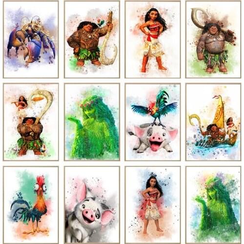 Disney Movie Moana Canvas Painting Poster Pua Hei Hei Te Fiti Characters Watercolor Wall Art Picture for Kids Room Home Decor
