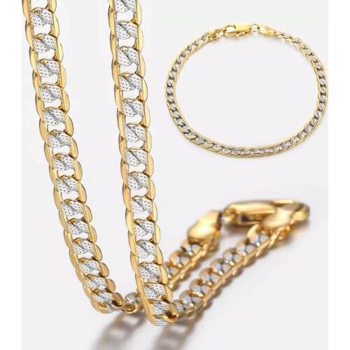 4mm Flat Hammered Curb Cuban Necklace Bracelet Set Gold Mix Silver Color for Women Men Jewelry Set GN64A