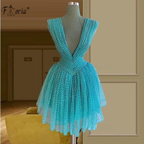 Blue High Neck Beaded Pearls Short Prom Dress Sweet Illusion Formal Party Dresses A Line Mini Cocktail Homecoming Gown