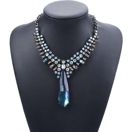 Fashion Luxury Crystal Water Drop Pendant Necklace Women Bohemian Statement Vintage Necklace Jewelry Indian Maxi Long Necklace