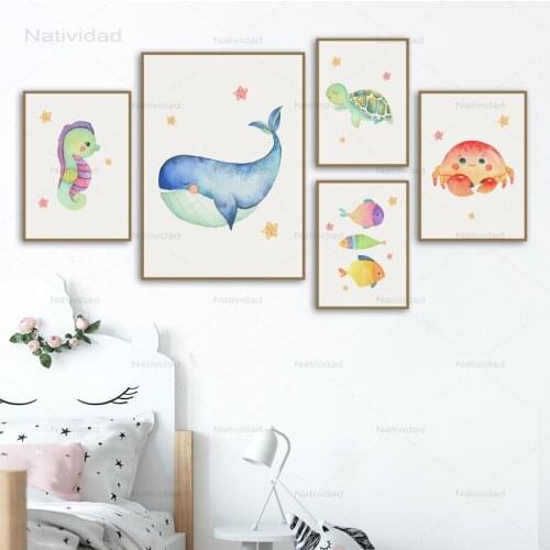 Whale tortoise Crab Fish Nursery Wall Art Posters And Prints Canvas Painting Cartoon Nordic Picture for Girl Boy Kids Room Decor