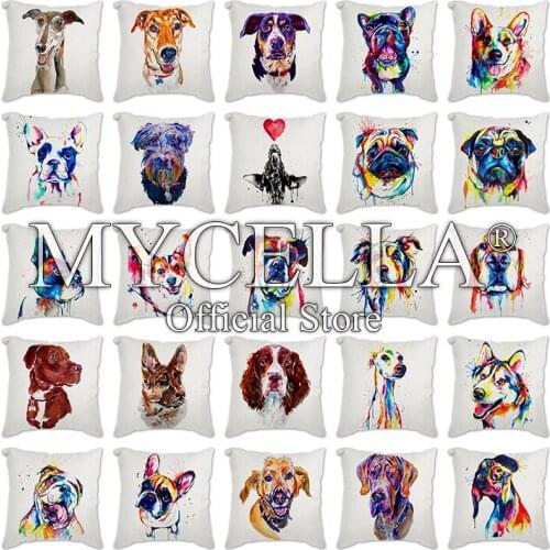 Watercolor animals Printed Cushion Cover Nordic Colorful dog Throw Pillow Case Decorative Linen Cotton Pillowcase Throw Sofa Car