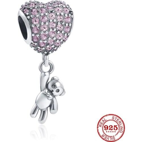 New 925 Silver Metal Charm pink Zircon Love Heart Bear metal Beads Fit Pandora Charm Bracelets Bangles DIY Women Jewelry 2020