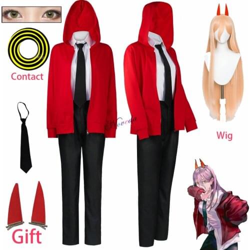 ChainsawMan Chainsaw Man Makima Power Cosplay Costume Red Jacket Contacts Devil Horns Wig Halloween Party Uniform Girls Women