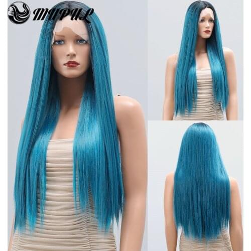Green Ombre Stright Long Silky Synthetic Wigs For Black Women T Part Natural Lace Front Heat Resistant Fiber Female Hair Wig