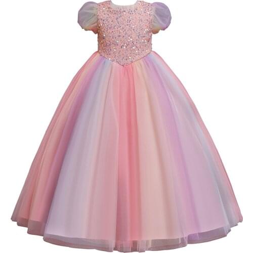 Sequins Flower Girls Dress Wedding Party Kids Puff Sleeve Princess Pageant Long Gown Children Dresses for Girls Birthday Clothes