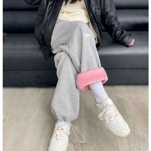 Plush sports pants womens autumn and winter 2021 new loose straight tube high waist thin grey thickened Leggings guard pants
