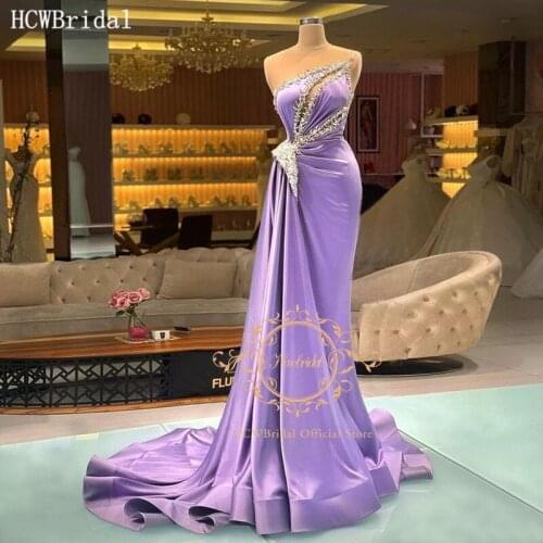 Stunning Lavender Formal Long Evening Dress With Silver Beads See Through Tulle Satin Mermaid Prom Party Gowns For Women
