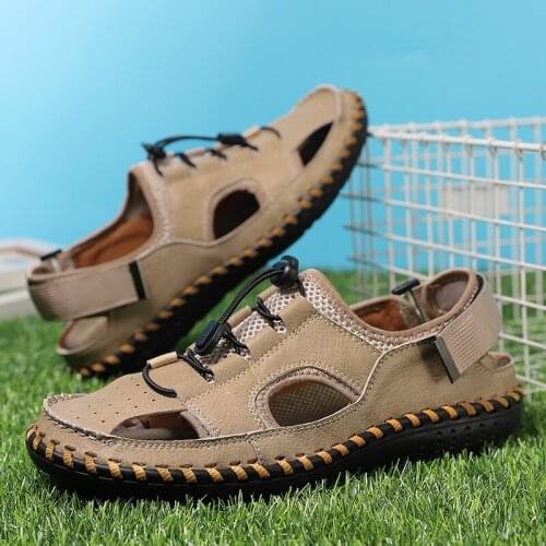 Summer Mens genuine Leather sandals Hollow out Sandals trendy Half Travel Trekking Slippers Waterproof Casual Beach Sneakers