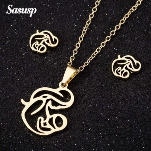 Sasusp Mom Baby Gold Long Chain Necklace For Mother and Daughter Ear Studs Jewelry sets Mothers Day Gift
