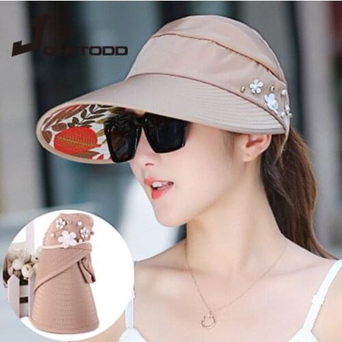 2021 Summer Sun Hat with Pearl Adjustable Big Heads Wide-brimmed Hat UV Protection Easy To Fold Visor Hat Outdoor Beach Hats