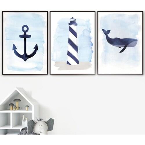 Nordic Cartoon Poster Whale Boat Lighthouse Wall Art Canvas Painting Print Picture for Home Childrens Room Kindergarten Decor