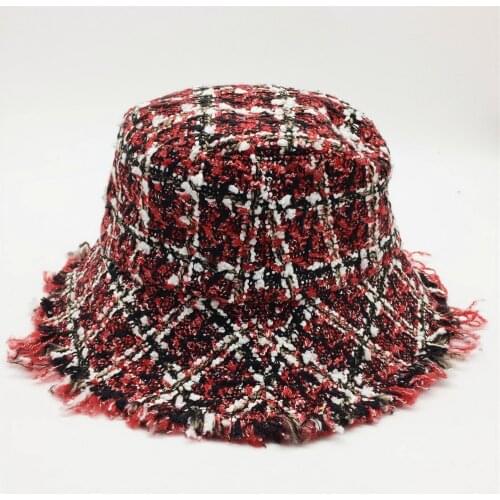 Women Plaid Tweed Bucket Hat with Mini Sequins Ladies Girls Black and Red Checks Hats with Raw Edges Female Warm Winter Hats
