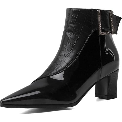 Stone Pattern PU Stitching Patent Leather Square Heel Ankle Boots Pointed High Heel Belt Buckle Autumn New Womens Shoes zipper