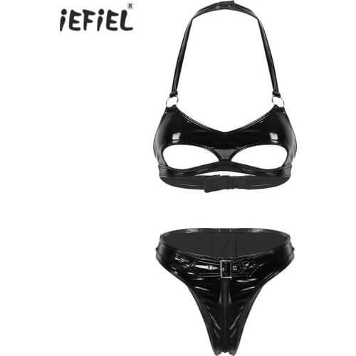 Womens Erotic Wet Look Leather Bikini Latex Lingerie Set Sexy Clubwear Open Cups Bra Top Zipper Open Crotch Briefs Rave Outfits