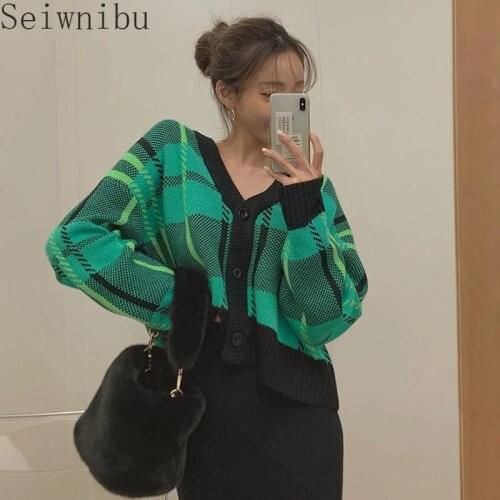 2021 New Spring Autumn Knitted 2 Piece Set Women Green Plaid V Neck Cardigan Sweater Coat + Black Skirt Set Sweater Sets Lady