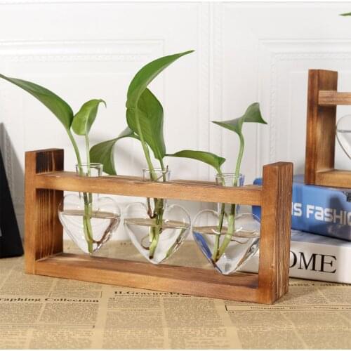 3 Sizes Glass Planter Small Heart-Shaped Transparent Hydroponics Vase with Wooden Base for Home Office