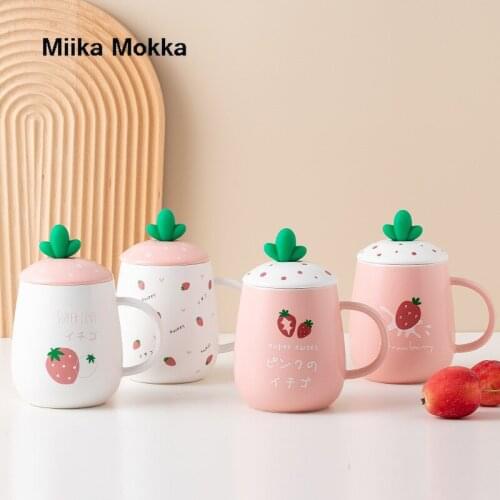 430mL Cute Pink White Strawberry Ceramic Cups with Lid and Spoon 4 Styles Large Capacity Coffee Mug Milk Mug Gifts for Couples