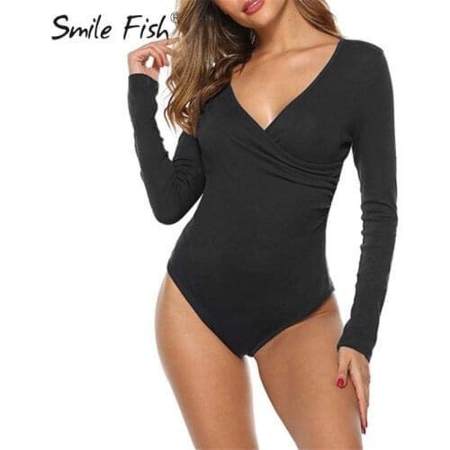 Cotton Casual Long Sleeve Bodysuit Autumn Women Romper V-neck Sexy Body Suits Fitness Jumpsuit Bodycon Tops Black Female M0263
